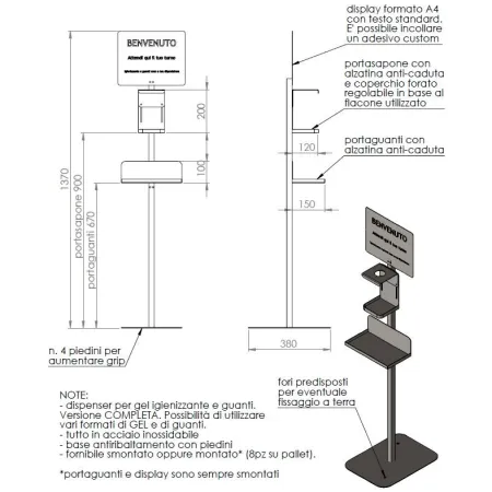 Colonnina per gel igienizzante - top inox - c/cartello info e supp.guanti